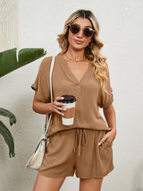Women's Solid Color Short Sleeve V-neck T-shirt And Shorts