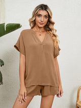 Women's Solid Color Short Sleeve V-neck T-shirt And Shorts