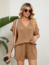 Women's Solid Color Short Sleeve V-neck T-shirt And Shorts