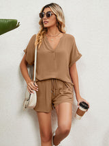 Women's Solid Color Short Sleeve V-neck T-shirt And Shorts