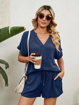Women's Solid Color Short Sleeve V-neck T-shirt And Shorts