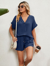 Women's Solid Color Short Sleeve V-neck T-shirt And Shorts