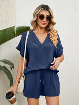Women's Solid Color Short Sleeve V-neck T-shirt And Shorts