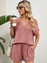 Women's Solid Color Short Sleeve V-neck T-shirt And Shorts