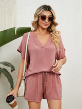 Women's Solid Color Short Sleeve V-neck T-shirt And Shorts