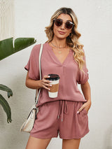 Women's Solid Color Short Sleeve V-neck T-shirt And Shorts
