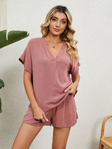 Women's Solid Color Short Sleeve V-neck T-shirt And Shorts