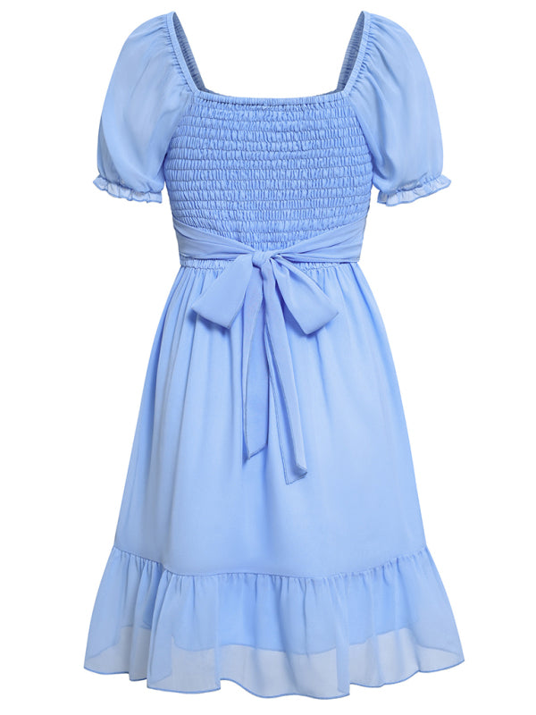 Women's spring and summer V-neck solid color waist short-sleeved dress