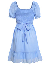 Women's spring and summer V-neck solid color waist short-sleeved dress