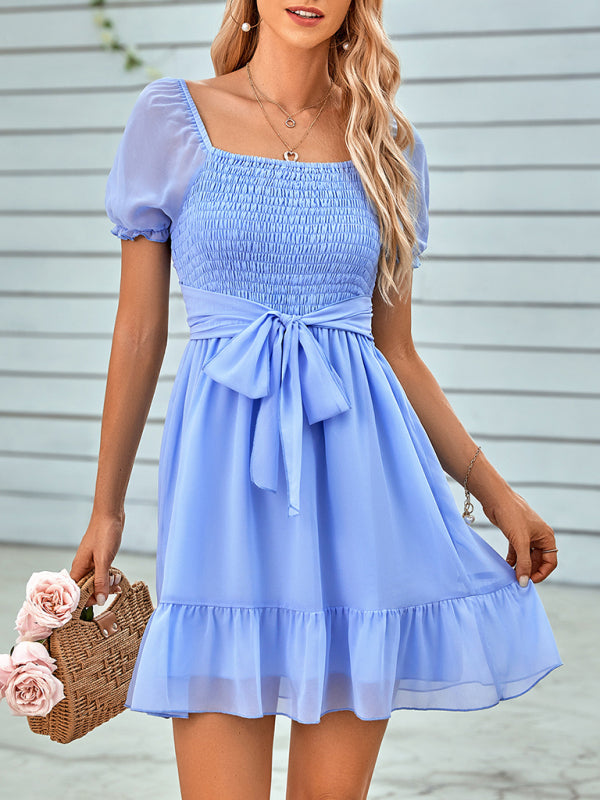 Women's spring and summer V-neck solid color waist short-sleeved dress