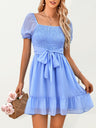 Women's spring and summer V-neck solid color waist short-sleeved dress