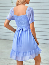 Women's spring and summer V-neck solid color waist short-sleeved dress