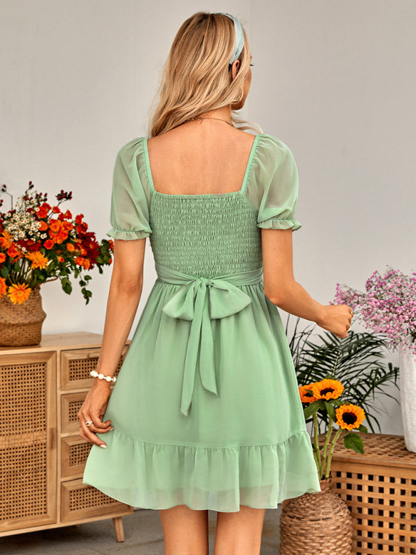 Women's spring and summer V-neck solid color waist short-sleeved dress