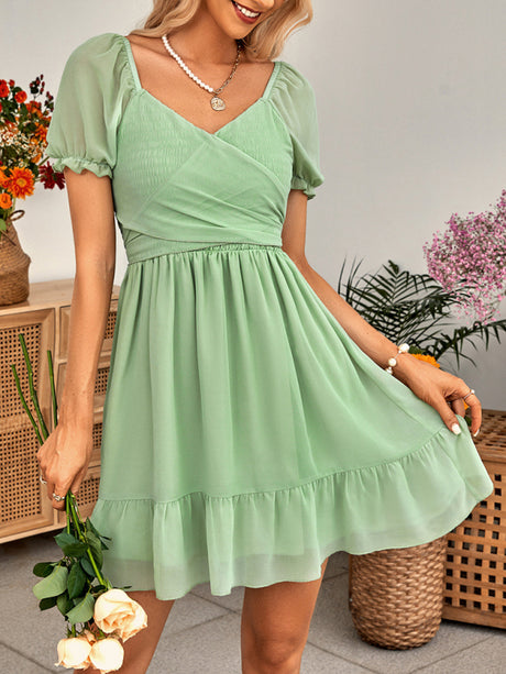 Women's spring and summer V-neck solid color waist short-sleeved dress