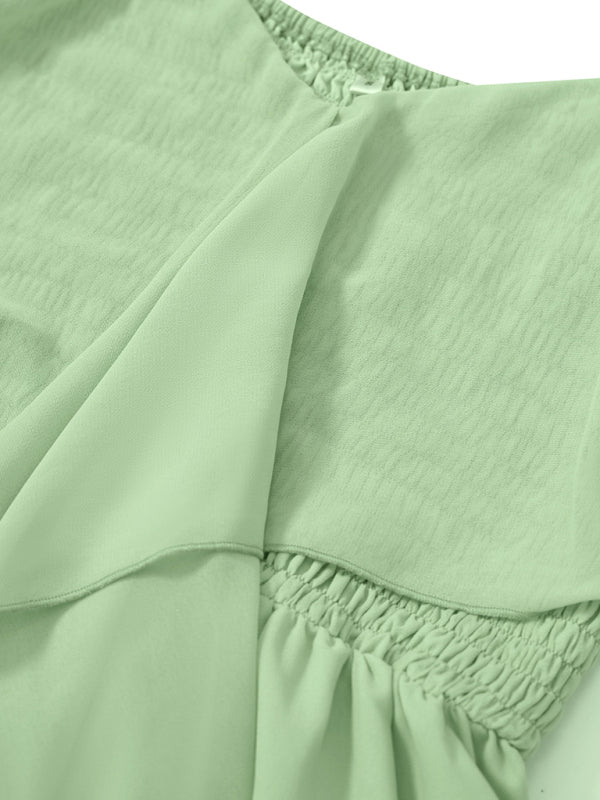 Women's spring and summer V-neck solid color waist short-sleeved dress