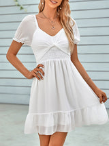 Women's spring and summer V-neck solid color waist short-sleeved dress