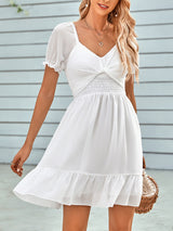 Women's spring and summer V-neck solid color waist short-sleeved dress