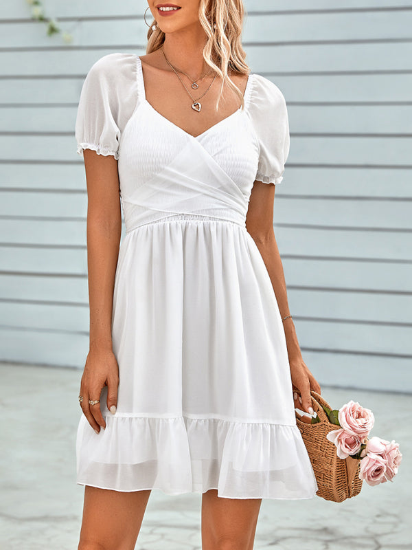 Women's spring and summer V-neck solid color waist short-sleeved dress
