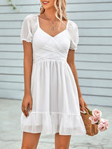 Women's spring and summer V-neck solid color waist short-sleeved dress