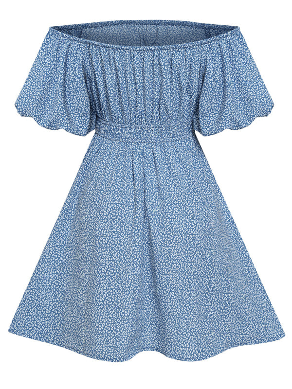 Casual women's European and American one-shoulder print waist dress