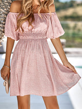 Casual women's European and American one-shoulder print waist dress