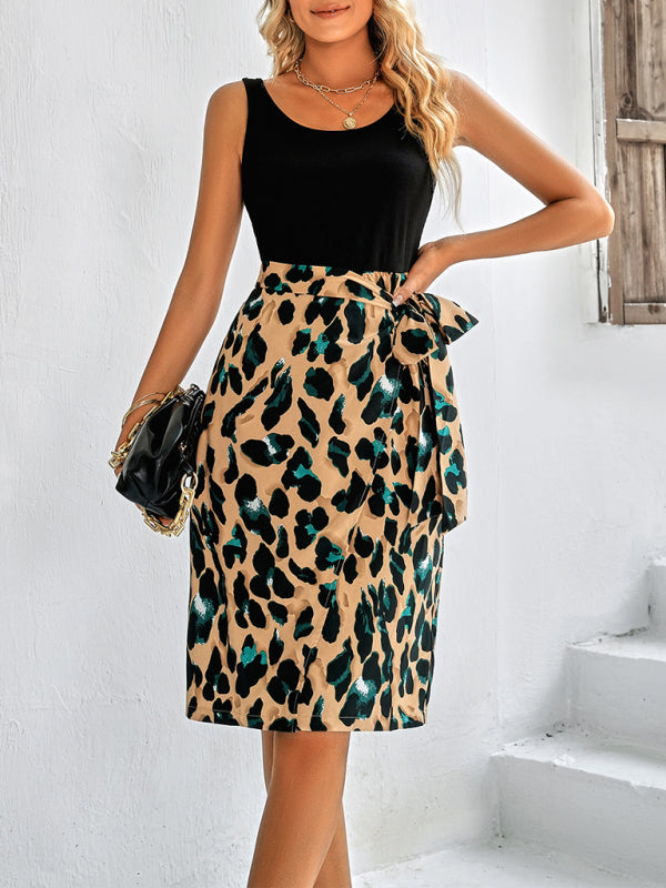 Casual New Ladies Fashion Round Neck Stitching Printed Sleeveless Dress