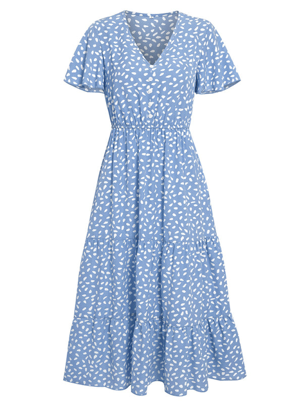 Casual women's spring and summer new V-neck lotus leaf sleeve printed dress for women