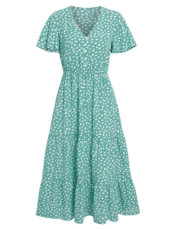 Casual women's spring and summer new V-neck lotus leaf sleeve printed dress for women