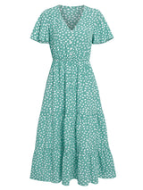 Casual women's spring and summer new V-neck lotus leaf sleeve printed dress for women