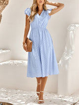 Women's Solid Color embroidered Flutter Sleeve Midi Dress