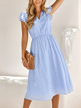Women's Solid Color embroidered Flutter Sleeve Midi Dress