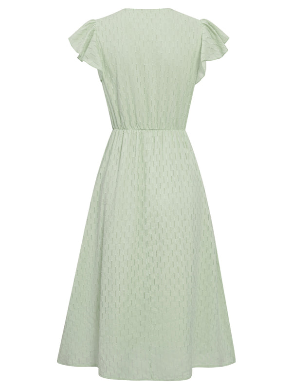 Women's Solid Color embroidered Flutter Sleeve Midi Dress