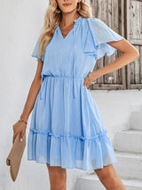 Women's Solid Color Flutter Sleeve V-neck Ruffle Skirt Dress
