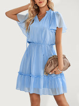 Women's Solid Color Flutter Sleeve V-neck Ruffle Skirt Dress