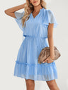 Women's Solid Color Flutter Sleeve V-neck Ruffle Skirt Dress