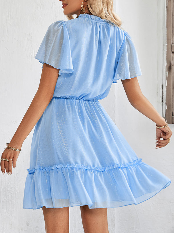 Women's Solid Color Flutter Sleeve V-neck Ruffle Skirt Dress