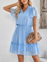 Women's Solid Color Flutter Sleeve V-neck Ruffle Skirt Dress