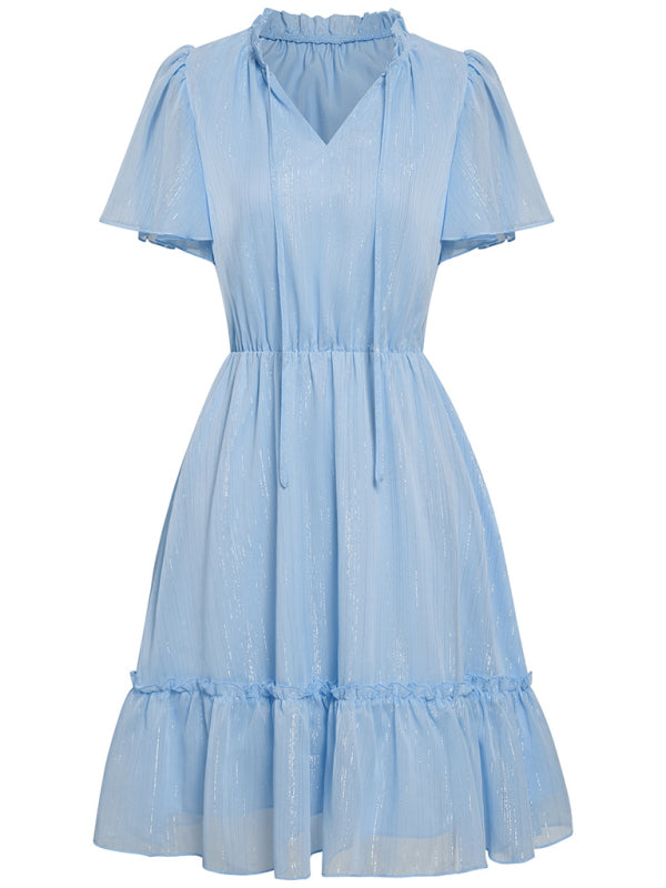 Women's Solid Color Flutter Sleeve V-neck Ruffle Skirt Dress