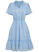 Women's Solid Color Flutter Sleeve V-neck Ruffle Skirt Dress
