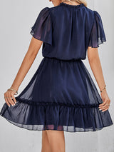 Women's Solid Color Flutter Sleeve V-neck Ruffle Skirt Dress