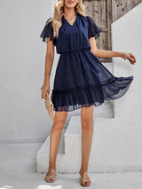 Women's Solid Color Flutter Sleeve V-neck Ruffle Skirt Dress