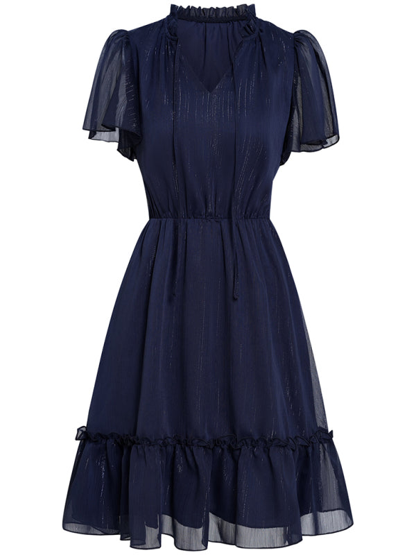 Women's Solid Color Flutter Sleeve V-neck Ruffle Skirt Dress