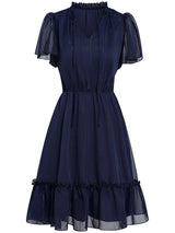 Women's Solid Color Flutter Sleeve V-neck Ruffle Skirt Dress