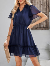 Women's Solid Color Flutter Sleeve V-neck Ruffle Skirt Dress