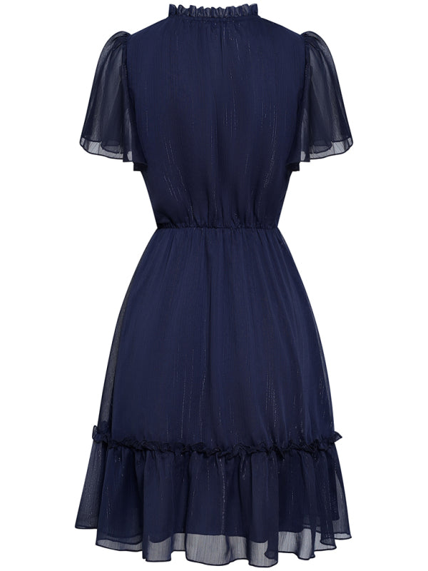 Women's Solid Color Flutter Sleeve V-neck Ruffle Skirt Dress
