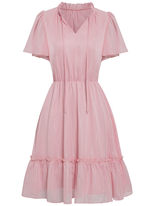 Women's Solid Color Flutter Sleeve V-neck Ruffle Skirt Dress