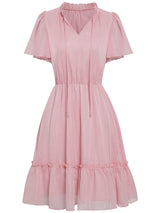 Women's Solid Color Flutter Sleeve V-neck Ruffle Skirt Dress