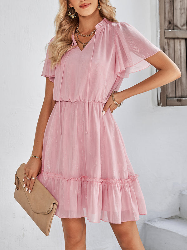 Women's Solid Color Flutter Sleeve V-neck Ruffle Skirt Dress