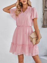 Women's Solid Color Flutter Sleeve V-neck Ruffle Skirt Dress