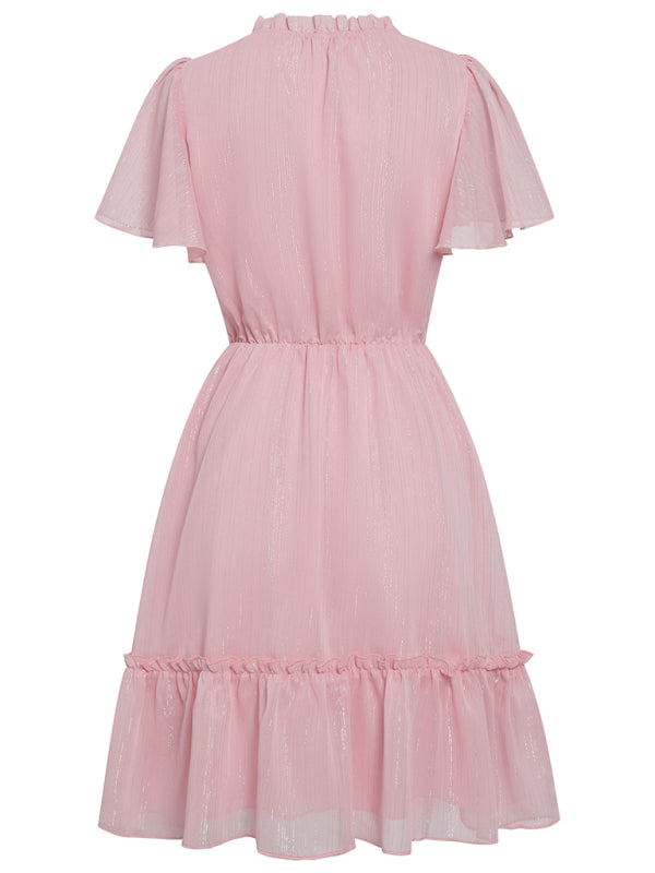 Women's Solid Color Flutter Sleeve V-neck Ruffle Skirt Dress